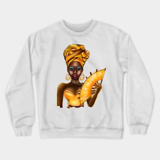 Queen Black is beautiful black girl with Gold headscarf, necklace, earrings, gold dress and head wrap, brown eyes and dark brown skin ! Crewneck Sweatshirt